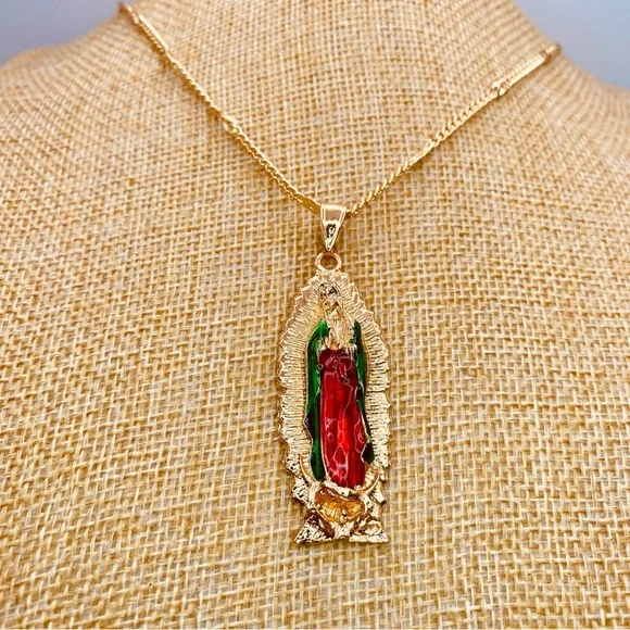 Our Lady Of Guadalupe 3D Enamel Pendant Curb Diamond Cut Design Necklace Gold - Picture 4 of 10